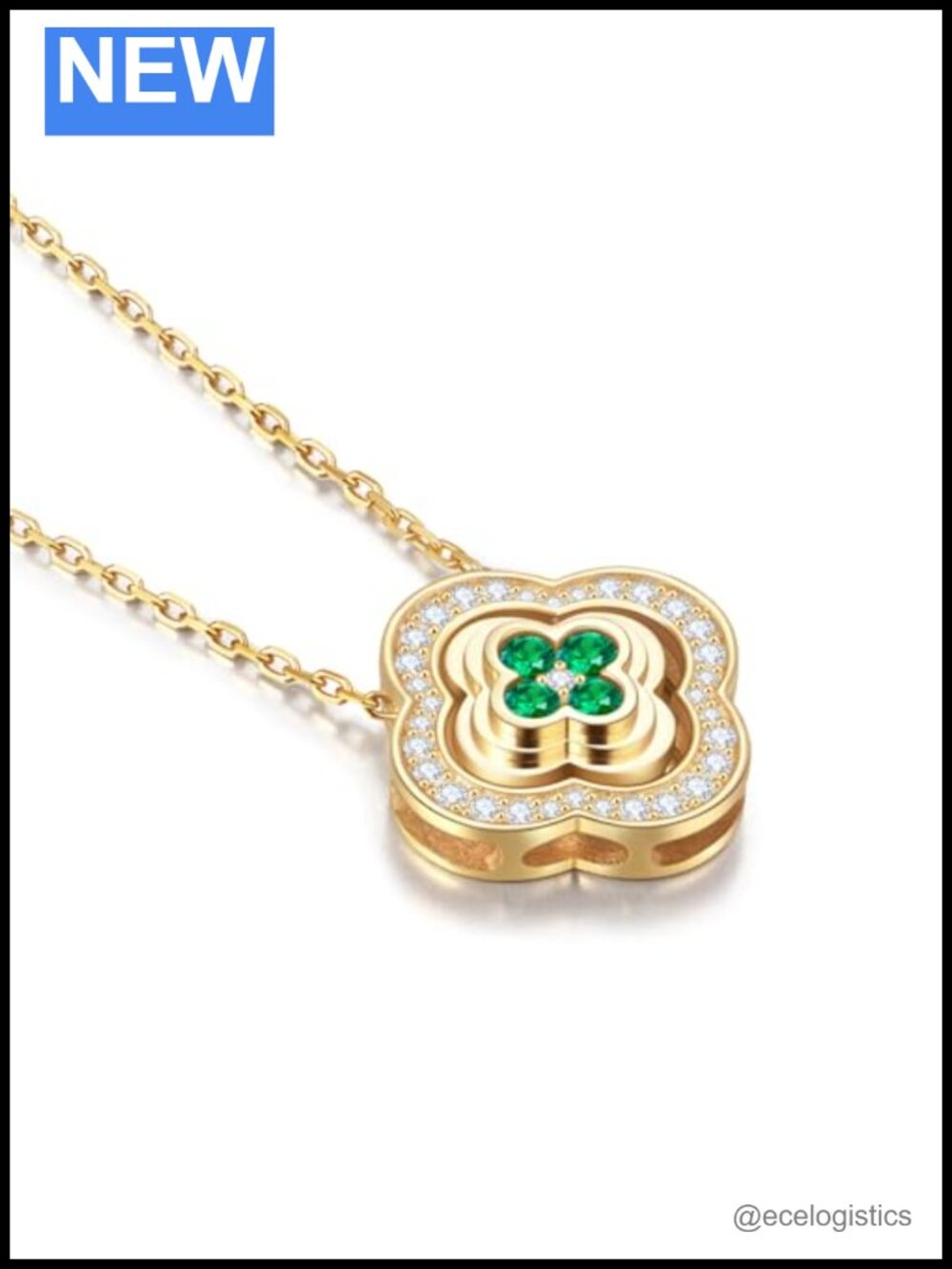 14K Gold Plated Four Leaf Clover Necklace with Moissanite and Emerald